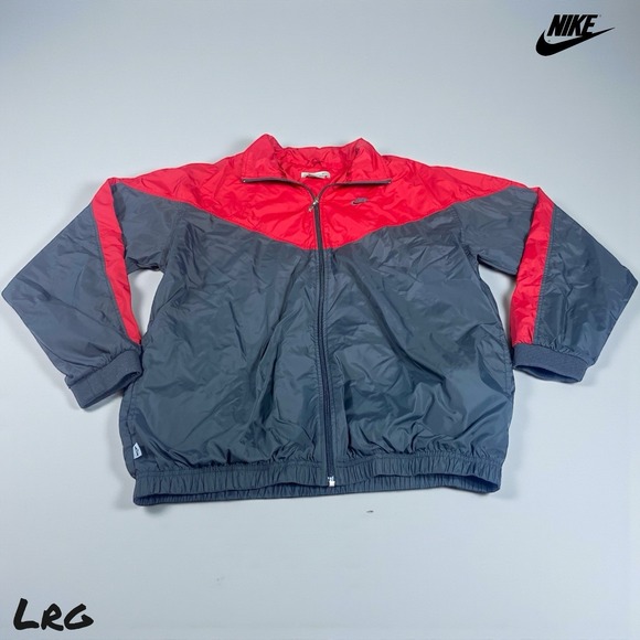 Nike Other - Nike Vintage 90s Windbreaker Jacket Mens LARGE Red Gray Colorblock Swoosh Pocket